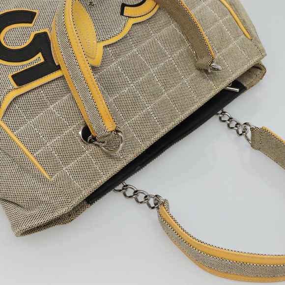 CHANEL Choco Bar Tote Bag Canvas Beige Yellow CC Auth 116301