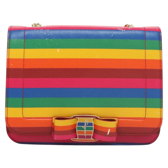 Salvatore Ferragamo Vala Chain Shoulder Bag Leather Gold Rainbow Auth 116333