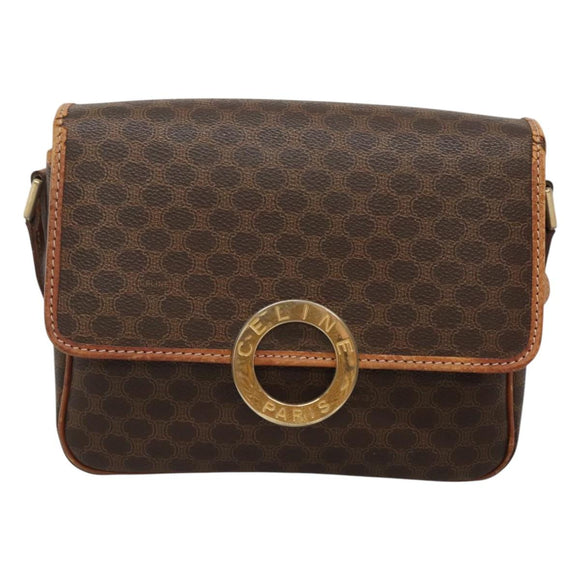 CELINE Macadam Canvas Shoulder Bag PVC Leather Brown Gold Auth 116385