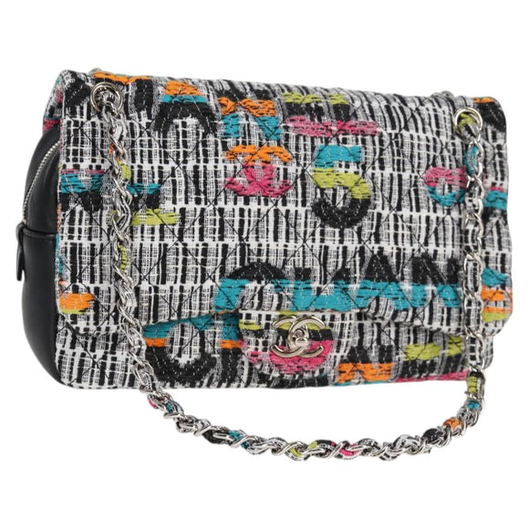 CHANEL Matelasse Chain Shoulder Bag Tweed Leather White Silver CC Auth 116419SM