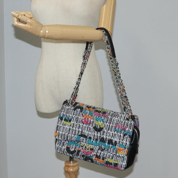 CHANEL Matelasse Chain Shoulder Bag Tweed Leather White Silver CC Auth 116419SM