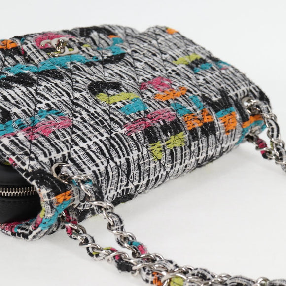 CHANEL Matelasse Chain Shoulder Bag Tweed Leather White Silver CC Auth 116419SM