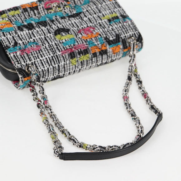 CHANEL Matelasse Chain Shoulder Bag Tweed Leather White Silver CC Auth 116419SM