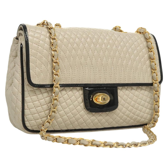 BALLY Quilted Chain Shoulder Bag Leather Beige Auth 116474