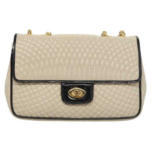 BALLY Quilted Chain Shoulder Bag Leather Beige Auth 116474