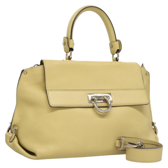 Salvatore Ferragamo Gancini Hand Bag Leather 2way Gold Yellow Auth 116515