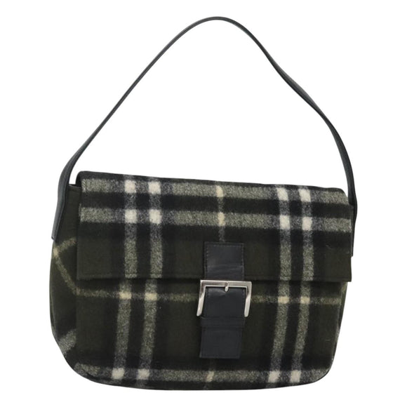 Burberrys Nova Check Blue Label Shoulder Bag Wool Khaki Silver Auth 116541