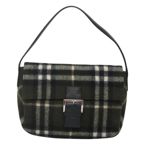 Burberrys Nova Check Blue Label Shoulder Bag Wool Khaki Silver Auth 116541