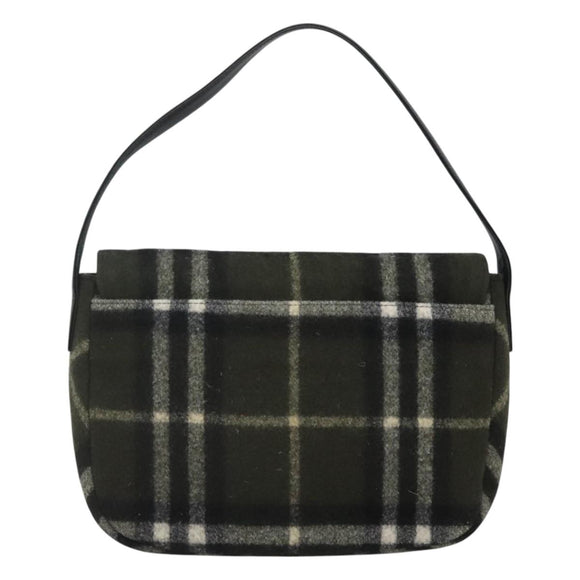 Burberrys Nova Check Blue Label Shoulder Bag Wool Khaki Silver Auth 116541
