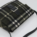 Burberrys Nova Check Blue Label Shoulder Bag Wool Khaki Silver Auth 116541-6
