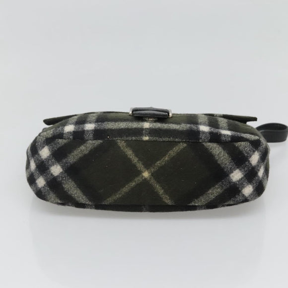 Burberrys Nova Check Blue Label Shoulder Bag Wool Khaki Silver Auth 116541
