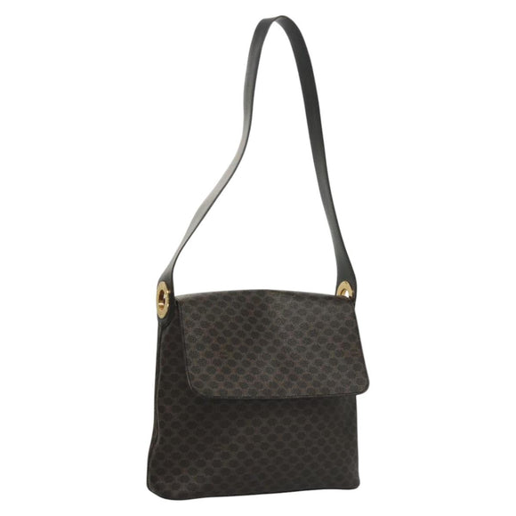 CELINE Macadam Canvas Shoulder Bag PVC Leather Black Gold Auth 116559