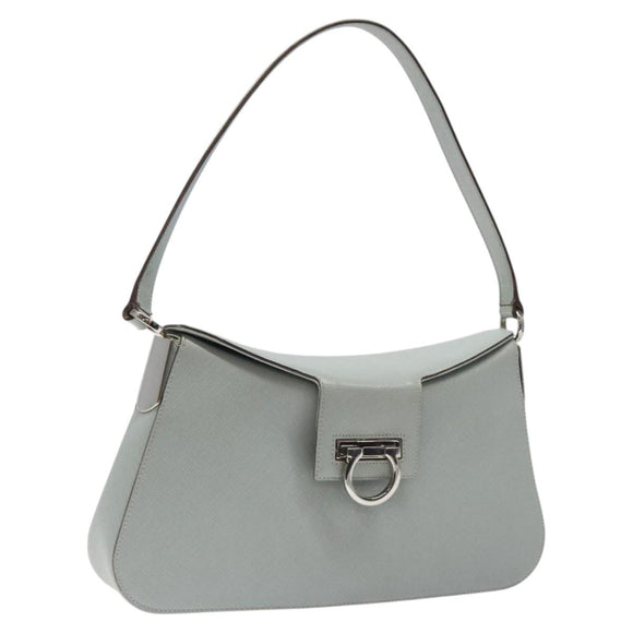 Salvatore Ferragamo Gancini Shoulder Bag Leather Light Blue Silver Auth 116561