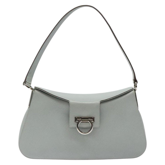 Salvatore Ferragamo Gancini Shoulder Bag Leather Light Blue Silver Auth 116561