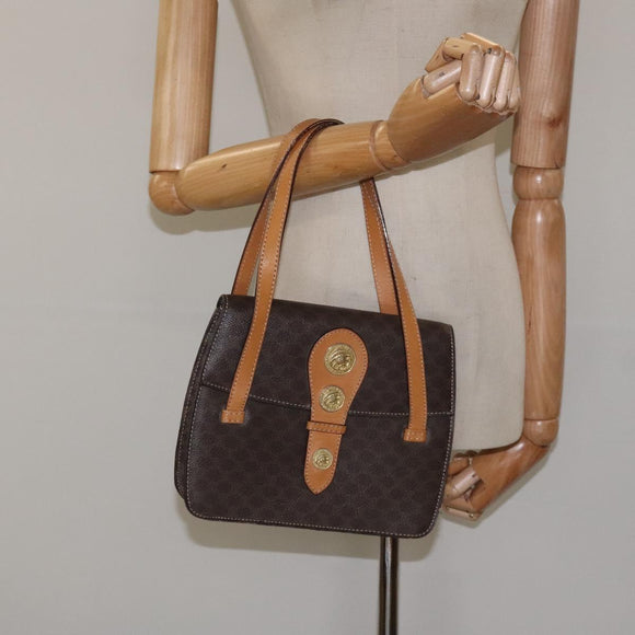 CELINE Macadam Canvas Shoulder Bag PVC Leather Brown Gold Auth 116681