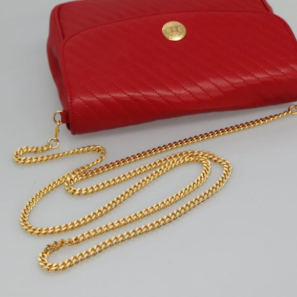 CELINE Chain Shoulder Bag Leather Red Gold Auth 116706V