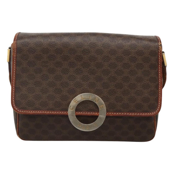 CELINE Macadam Canvas Shoulder Bag PVC Leather Brown Gold Auth 116805