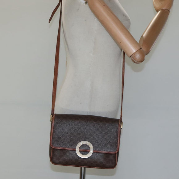 CELINE Macadam Canvas Shoulder Bag PVC Leather Brown Gold Auth 116805