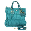 PRADA Hand Bag Nylon Leather 2way Turquoise Blue Gold Auth 116888-1