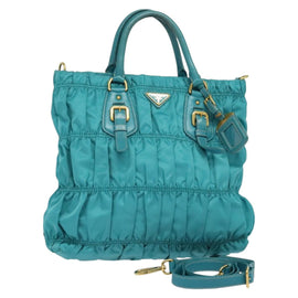 PRADA Hand Bag Nylon Leather 2way Turquoise Blue Gold Auth 116888