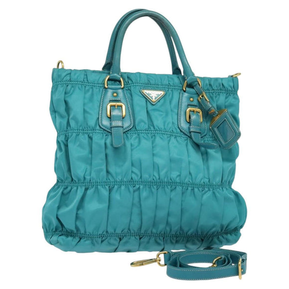 PRADA Hand Bag Nylon Leather 2way Turquoise Blue Gold Auth 116888