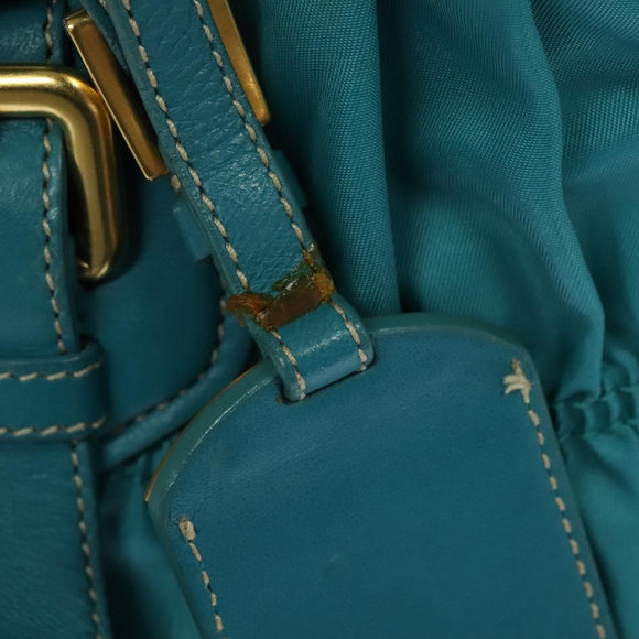 PRADA Hand Bag Nylon Leather 2way Turquoise Blue Gold Auth 116888