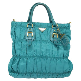 PRADA Hand Bag Nylon Leather 2way Turquoise Blue Gold Auth 116888 - 0