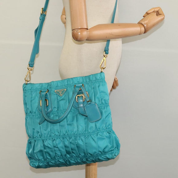 PRADA Hand Bag Nylon Leather 2way Turquoise Blue Gold Auth 116888