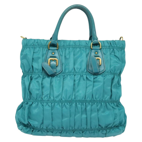 PRADA Hand Bag Nylon Leather 2way Turquoise Blue Gold Auth 116888