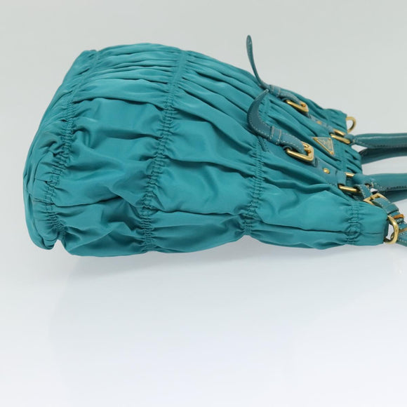 PRADA Hand Bag Nylon Leather 2way Turquoise Blue Gold Auth 116888