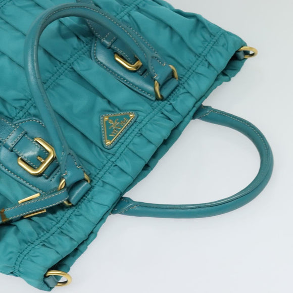 PRADA Hand Bag Nylon Leather 2way Turquoise Blue Gold Auth 116888