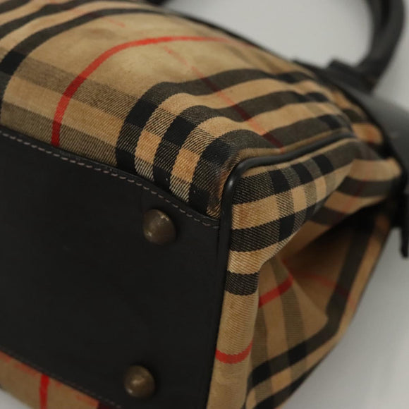 Burberrys Nova Check Hand Bag Canvas Beige Gold Auth 116935