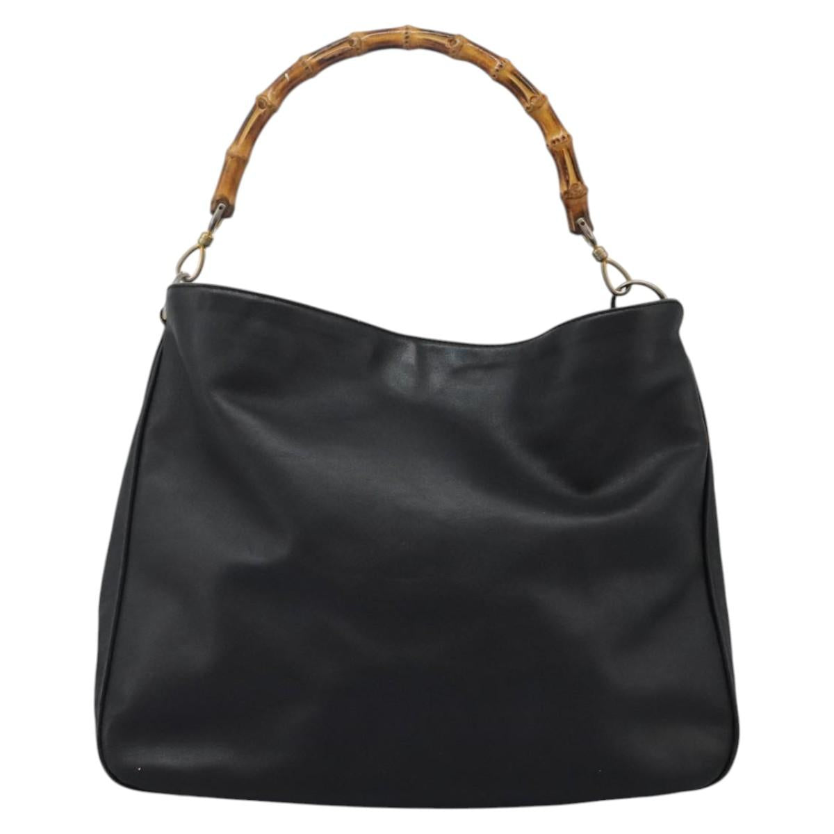 GUCCI Bamboo Hand Bag Leather 2way Black Gold 001 1781 1577 Auth