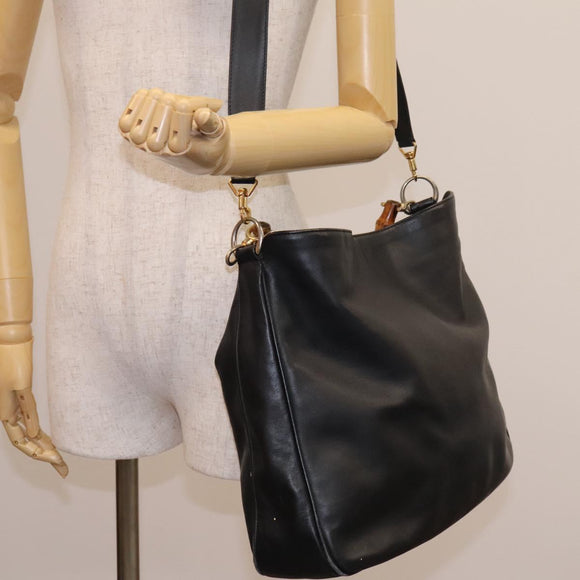 GUCCI Bamboo Hand Bag Leather 2way Black Gold 001 1781 1577 0 Auth 117029