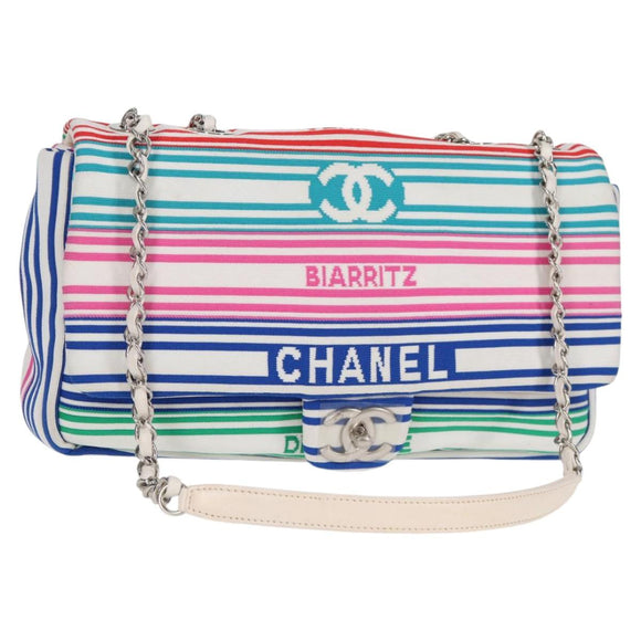 CHANEL Chain Shoulder Bag Canvas White Multicolor CC Auth 117109AM