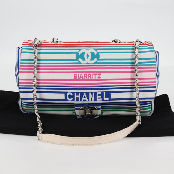 CHANEL Chain Shoulder Bag Canvas White Multicolor CC Auth 117109AM