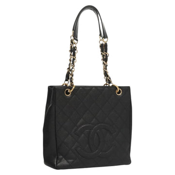 CHANEL Matelasse Chain Tote Bag Caviar Skin Black Gold CC Auth 117131AM
