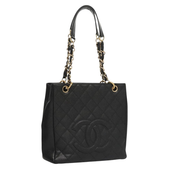 CHANEL Matelasse Chain Tote Bag Caviar Skin Black Gold CC Auth 117131AM