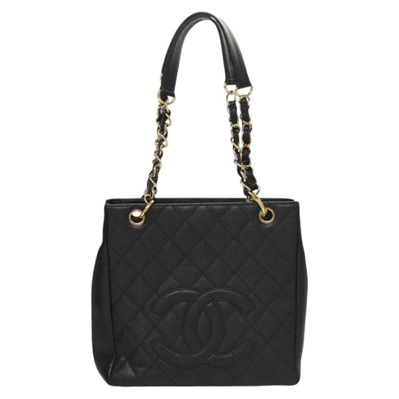 CHANEL Matelasse Chain Tote Bag Caviar Skin Black Gold CC Auth 117131AM