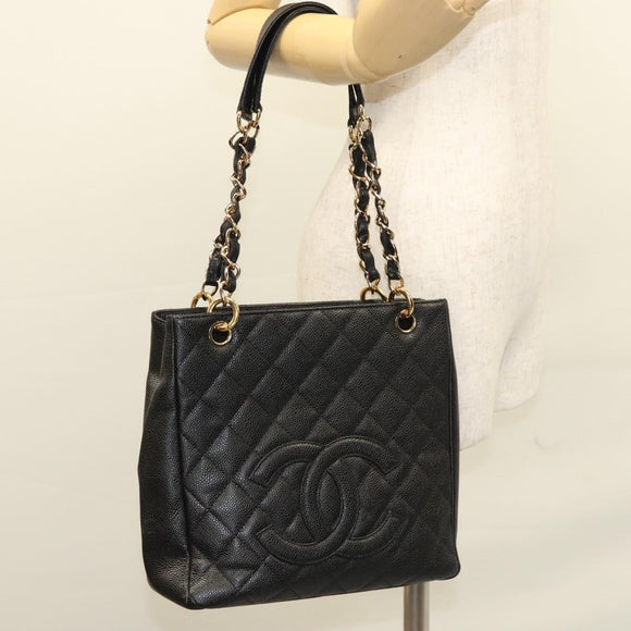 CHANEL Matelasse Chain Tote Bag Caviar Skin Black Gold CC Auth 117131AM