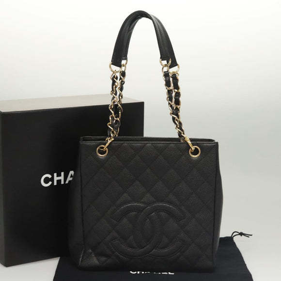 CHANEL Matelasse Chain Tote Bag Caviar Skin Black Gold CC Auth 117131AM