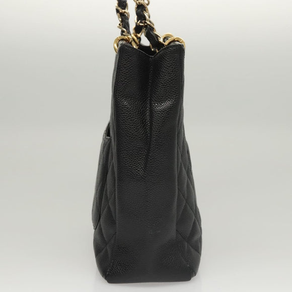 CHANEL Matelasse Chain Tote Bag Caviar Skin Black Gold CC Auth 117131AM