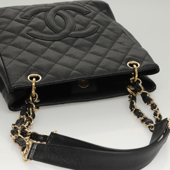CHANEL Matelasse Chain Tote Bag Caviar Skin Black Gold CC Auth 117131AM