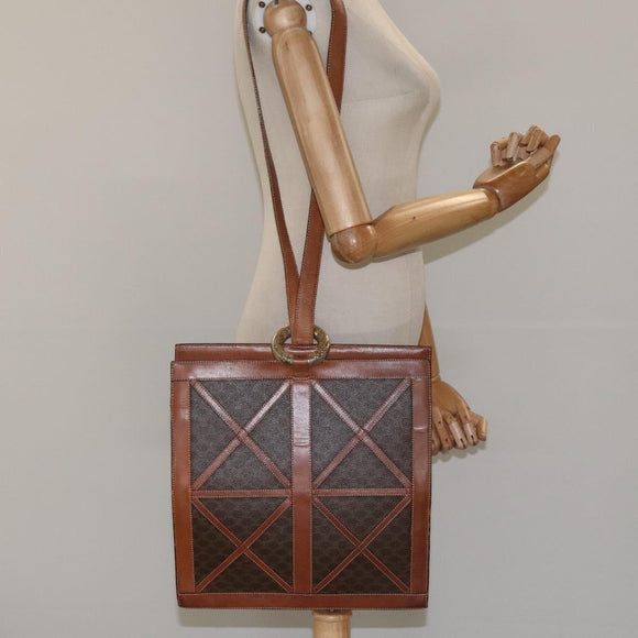 CELINE Macadam Canvas Shoulder Bag PVC Leather Brown Gold Auth 117240