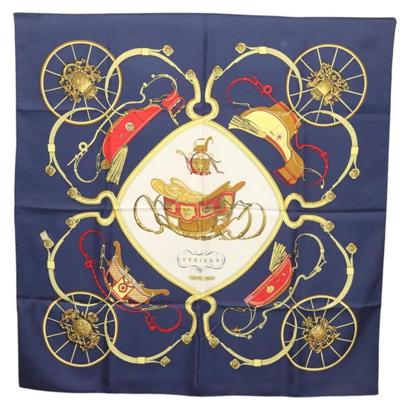 HERMES Carre 90 Scarf ""SPRINGS""  Silk Navy White Auth 117294