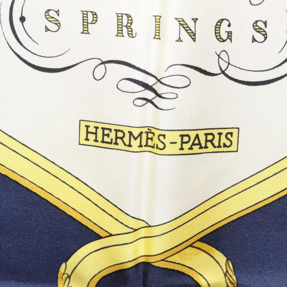 HERMES Carre 90 Scarf ""SPRINGS""  Silk Navy White Auth 117294