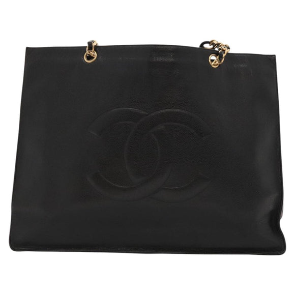 CHANEL COCO Mark Chain Tote Bag Caviar Skin Black CC Auth 117332