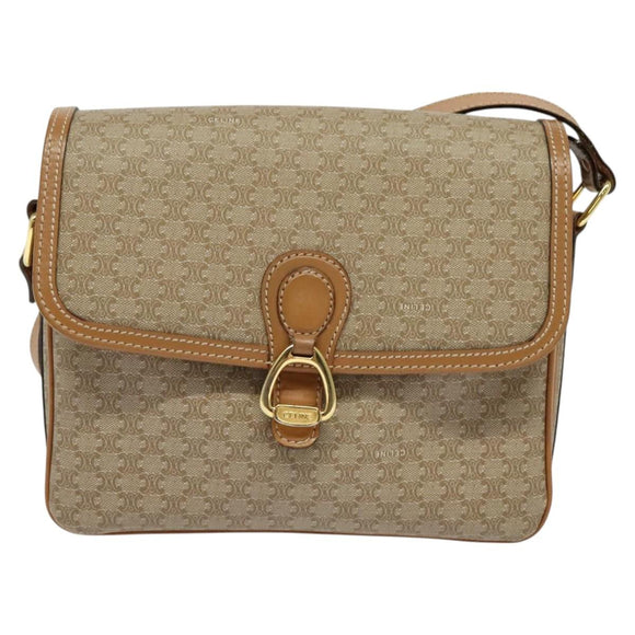 CELINE Macadam Canvas Shoulder Bag Beige Gold Auth 117362