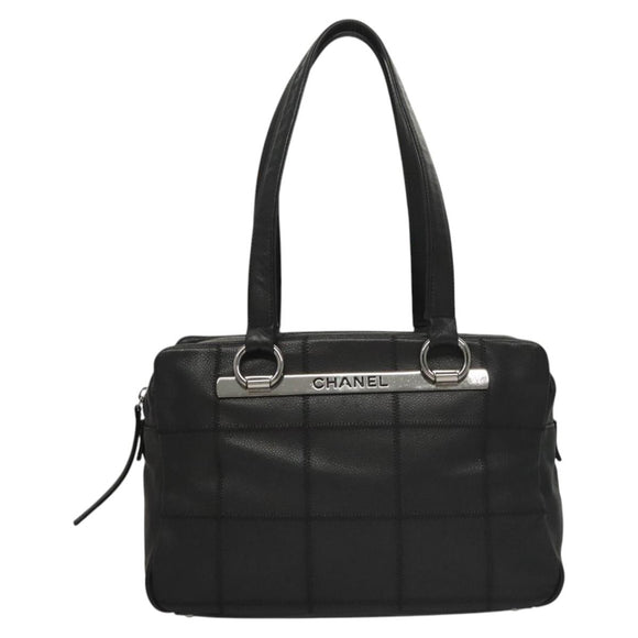 CHANEL Choco Bar line Shoulder Bag Caviar Skin Black CC Auth 117397