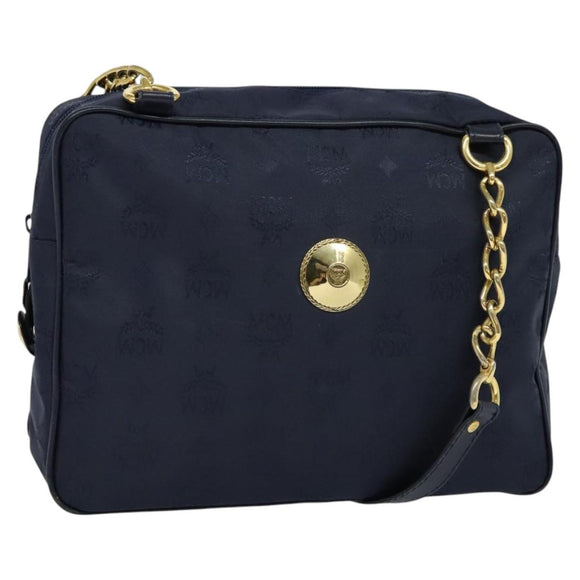 MCM Logogram Vicetos Shoulder Bag Nylon Navy Gold Auth 117398